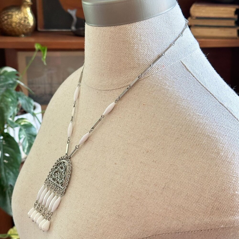 Vintage Silver Chandelier Pendant Necklace With White Beads & Teardrop Accents - Picture 3 of 9